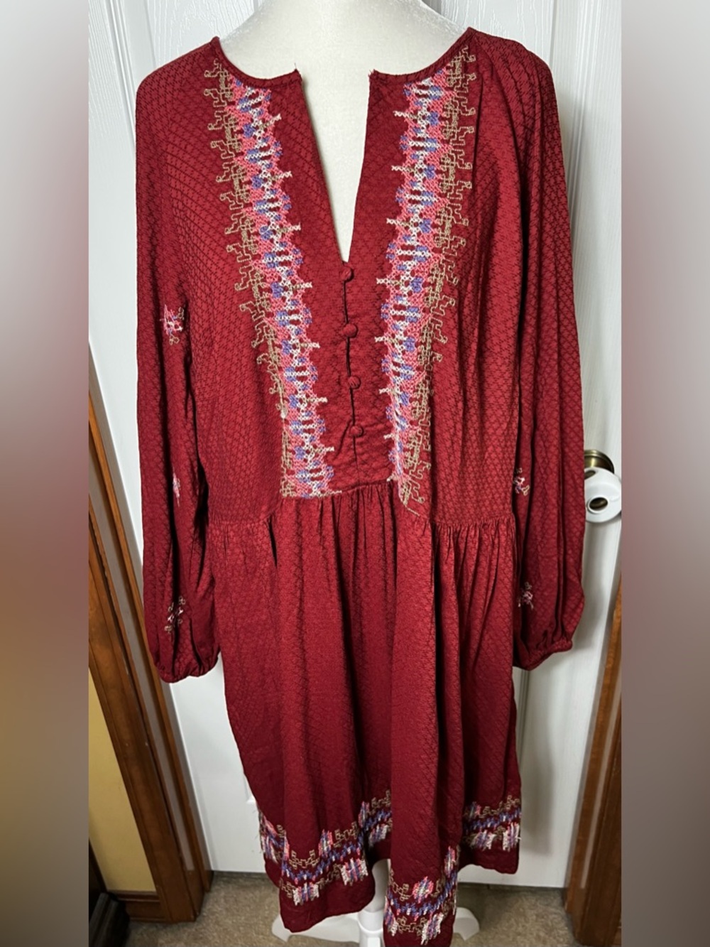 Knox Rose Midi Dress Knee Length Long Sleeve Embroidered Peasant Boho Red XL